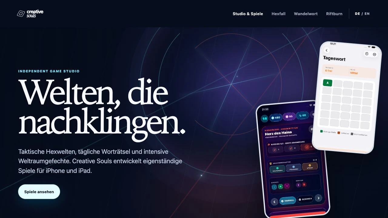 Creative-Souls-Startseite mit markanter Typografie und Spielansichten