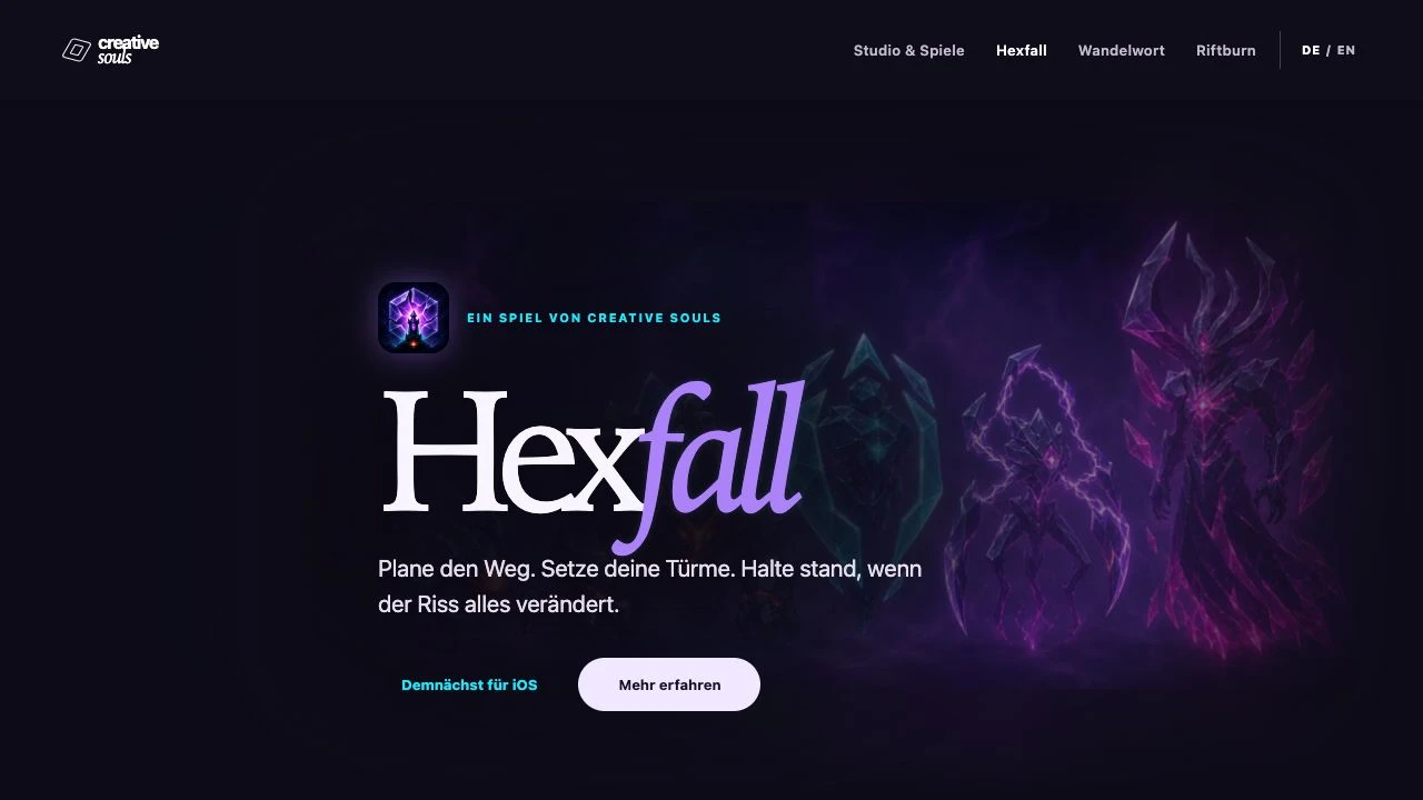 Hexfall-Produktseite innerhalb der Creative-Souls-Website